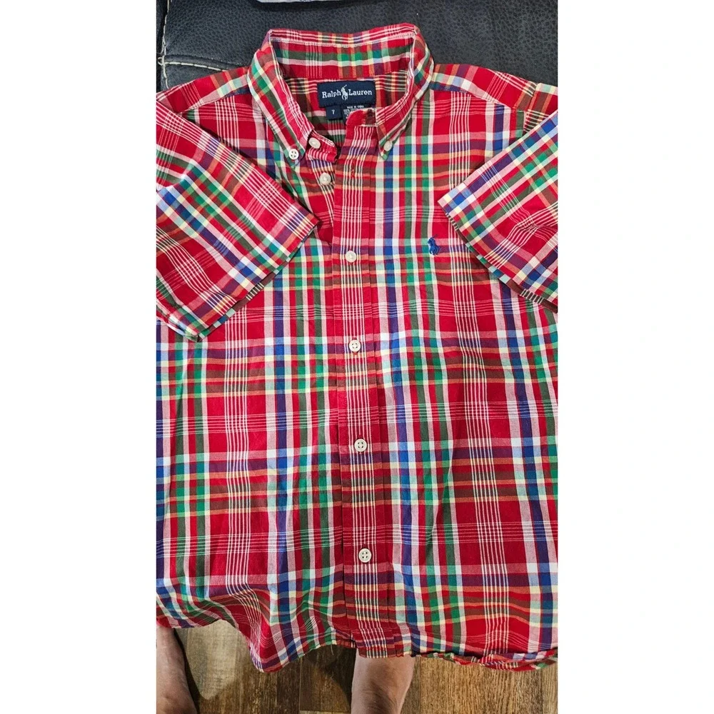 POLO Ralph Lauren Boys Plaid Button Down Shirts Short Sleeve Size 7 Red & Green